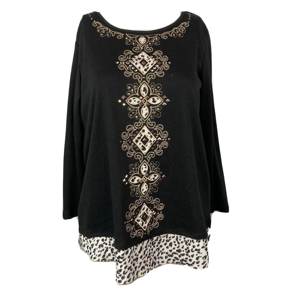 Alfred Dunner Shirt Women Sz S Black Gold Cotton Embroidered Sequin Pullover Top